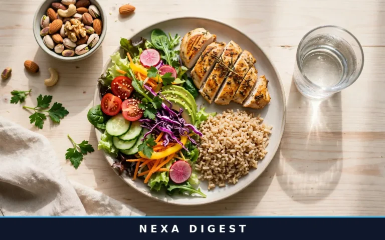 A balanced diet for beginners shown as a healthy plate with vegetables, lean protein, whole grains, nuts, and water for everyday balanced eating.