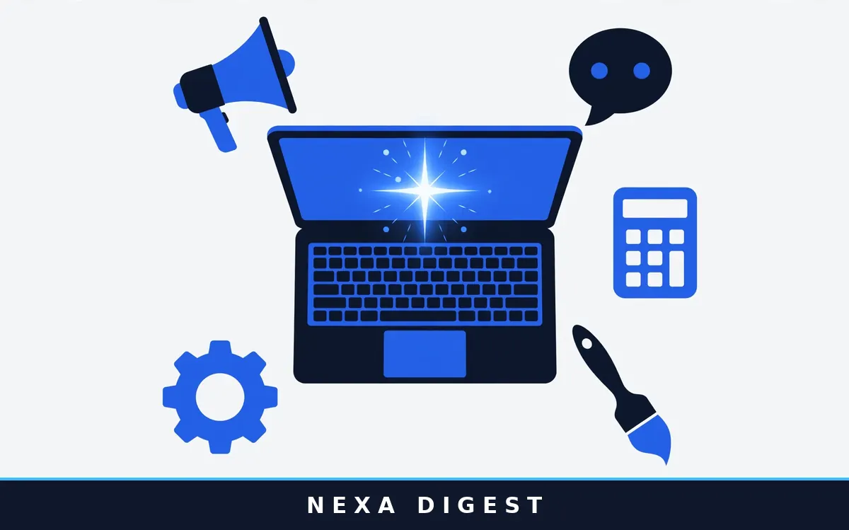 Flat illustration of AI tools for small business including marketing, chatbot, bookkeeping, and design icons around a laptop