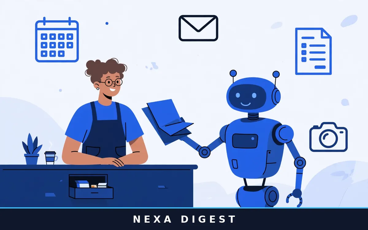 Flat illustration of AI tools for small business including marketing, chatbot, bookkeeping, and design icons around a laptop
