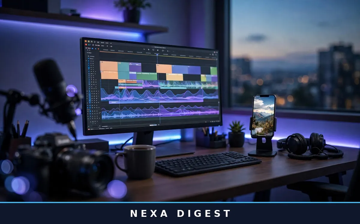 Creator's desk with a monitor showing a video editing timeline, illustrating the best free AI video editing tools for YouTubers in this 2026 guide