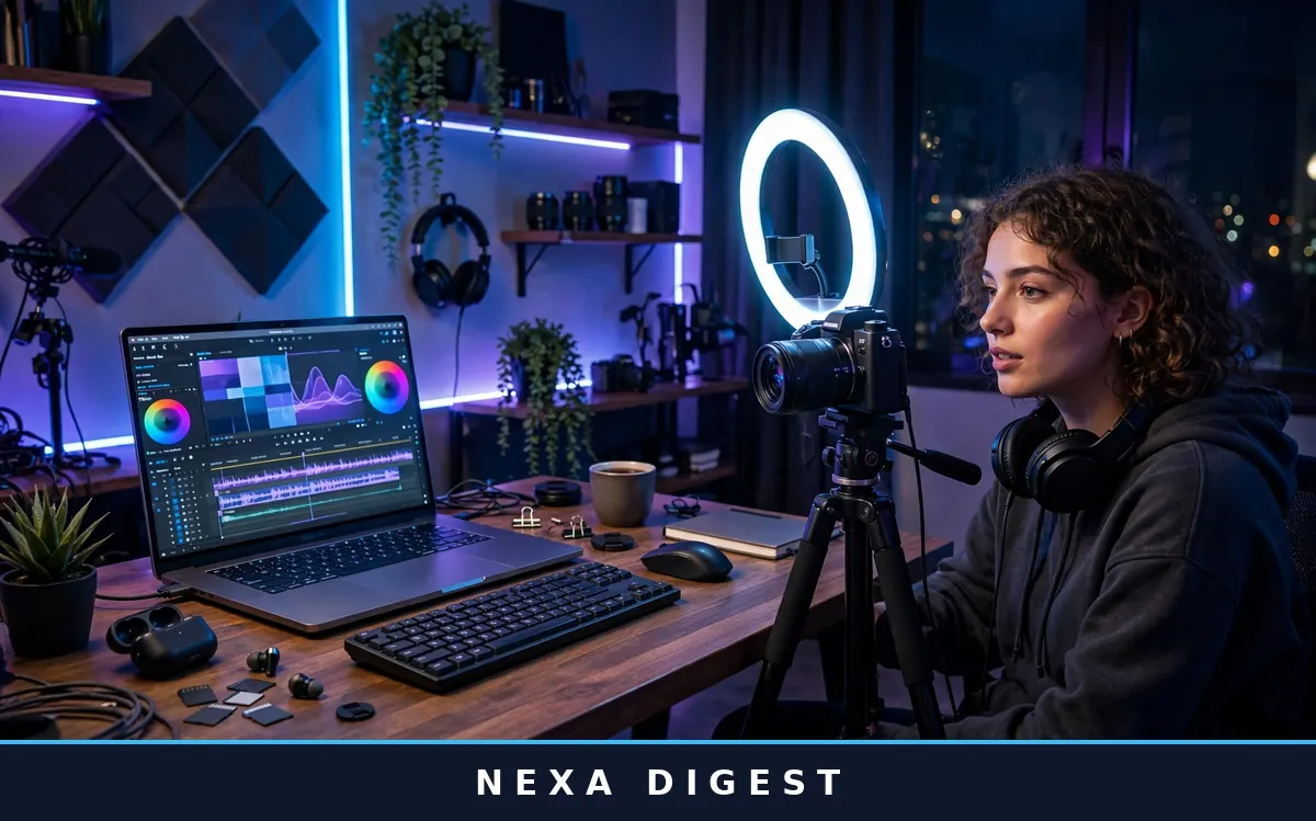 Creator's desk with a monitor showing a video editing timeline, illustrating the best free AI video editing tools for YouTubers in this 2026 guide