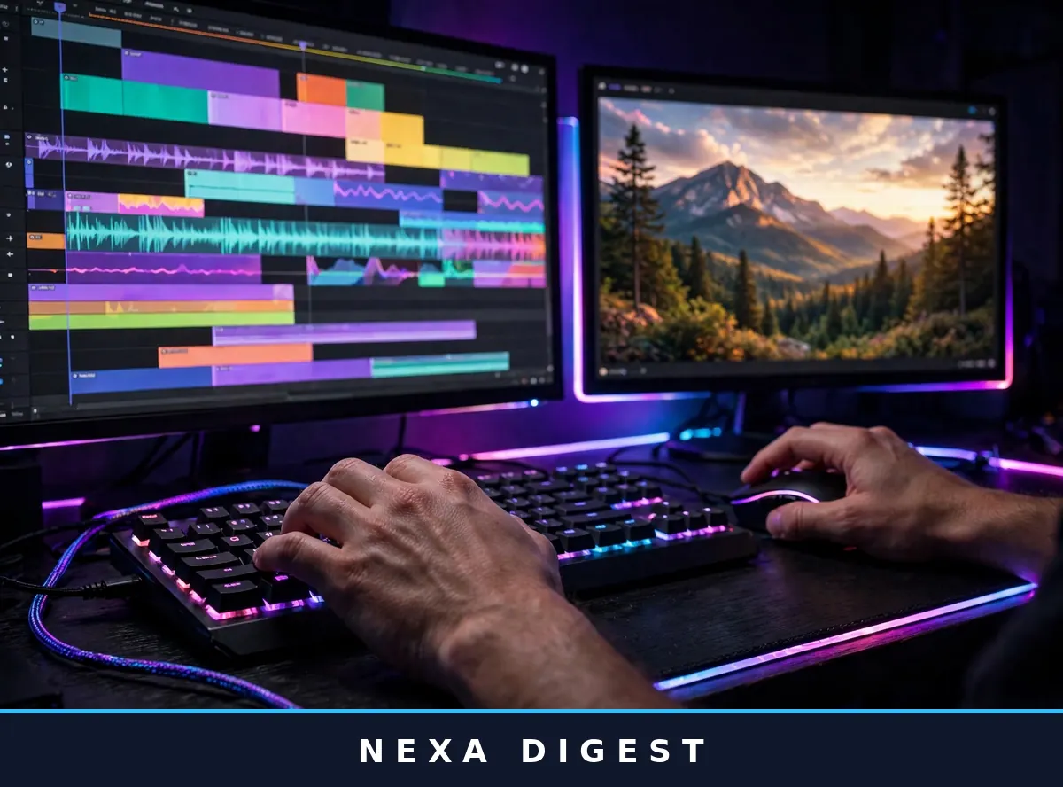 Creator's desk with a monitor showing a video editing timeline, illustrating the best free AI video editing tools for YouTubers in this 2026 guide