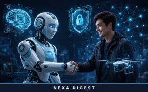 Biggest tech trends 2026 explained simply — humanoid robot with AI, security, and chip icons