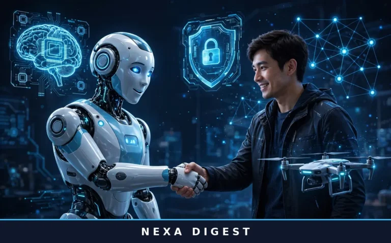 Biggest tech trends 2026 explained simply — humanoid robot with AI, security, and chip icons