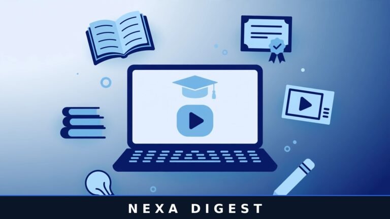 Student comparing the best online learning platforms on a laptop with floating course and certificate icons
