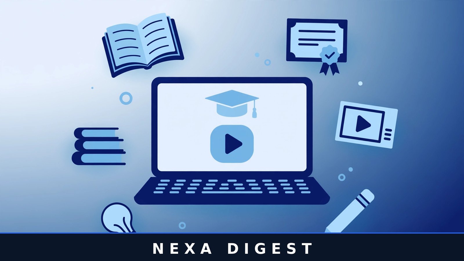 Student comparing the best online learning platforms on a laptop with floating course and certificate icons
