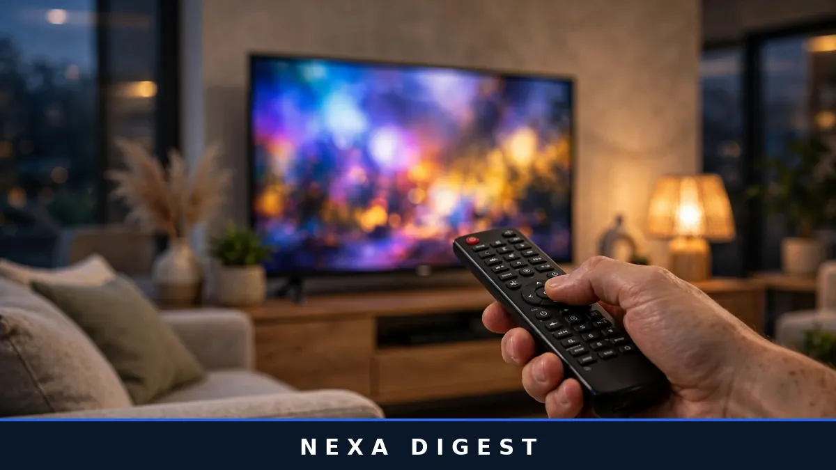 Close-up of hands holding a TV remote and popcorn watching tv shows to binge watch on a glowing TV screen