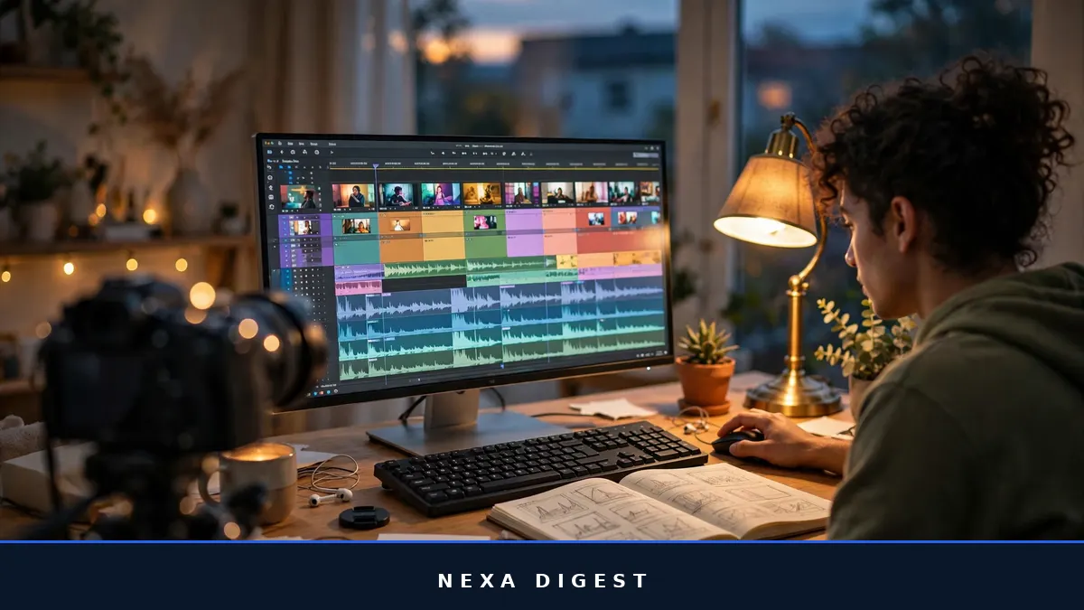 Beginner editing footage on a timeline editor at a home desk, illustrating the best video editing software for beginners in this 2026 guide