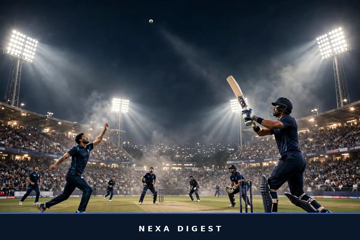 Night T20 cricket match in a packed stadium with a batter hitting the ball high, illustrating the cricket rules every beginner should know