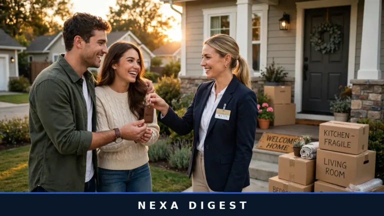 First time home buyer guide: happy couple receiving house keys in front of their new home