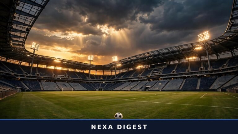 Illustrated football stadium with pitch markings, penalty spot and goalposts — a visual guide to football rules for beginners