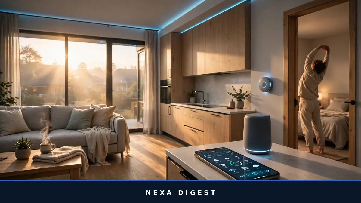 Smart home devices and a smartphone at dawn, illustrating the ways artificial intelligence is changing everyday life in this 2026 guide