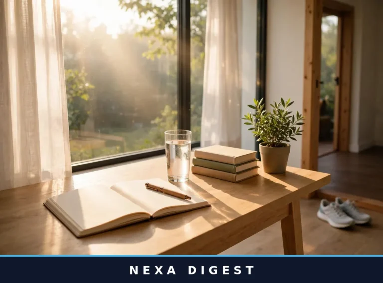 Person journaling by a sunny window with water, books and a plant — simple good daily habits for a healthier, calmer, more focused life