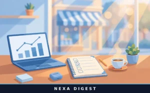 Entrepreneur learning how to start a small business in 2026 at a bright home office desk with laptop, checklist, and growth charts.