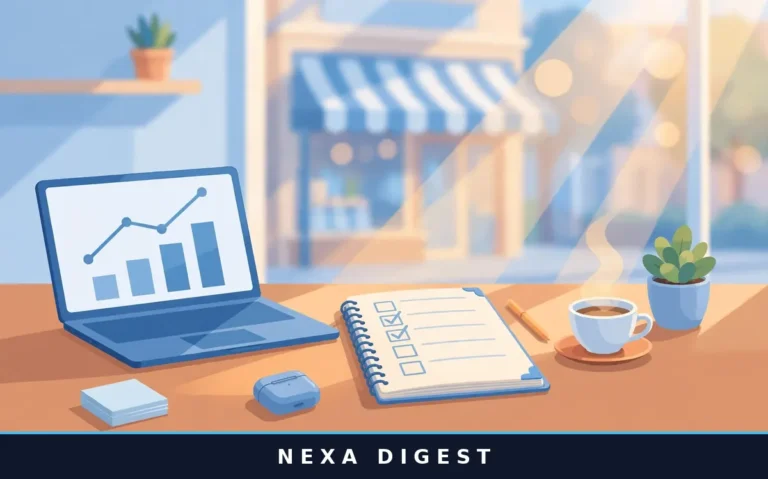 Entrepreneur learning how to start a small business in 2026 at a bright home office desk with laptop, checklist, and growth charts.
