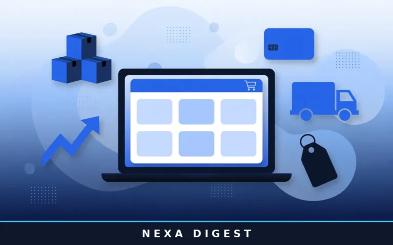 Illustration showing how to start an online store: a laptop storefront with product boxes, payment, and shipping icons