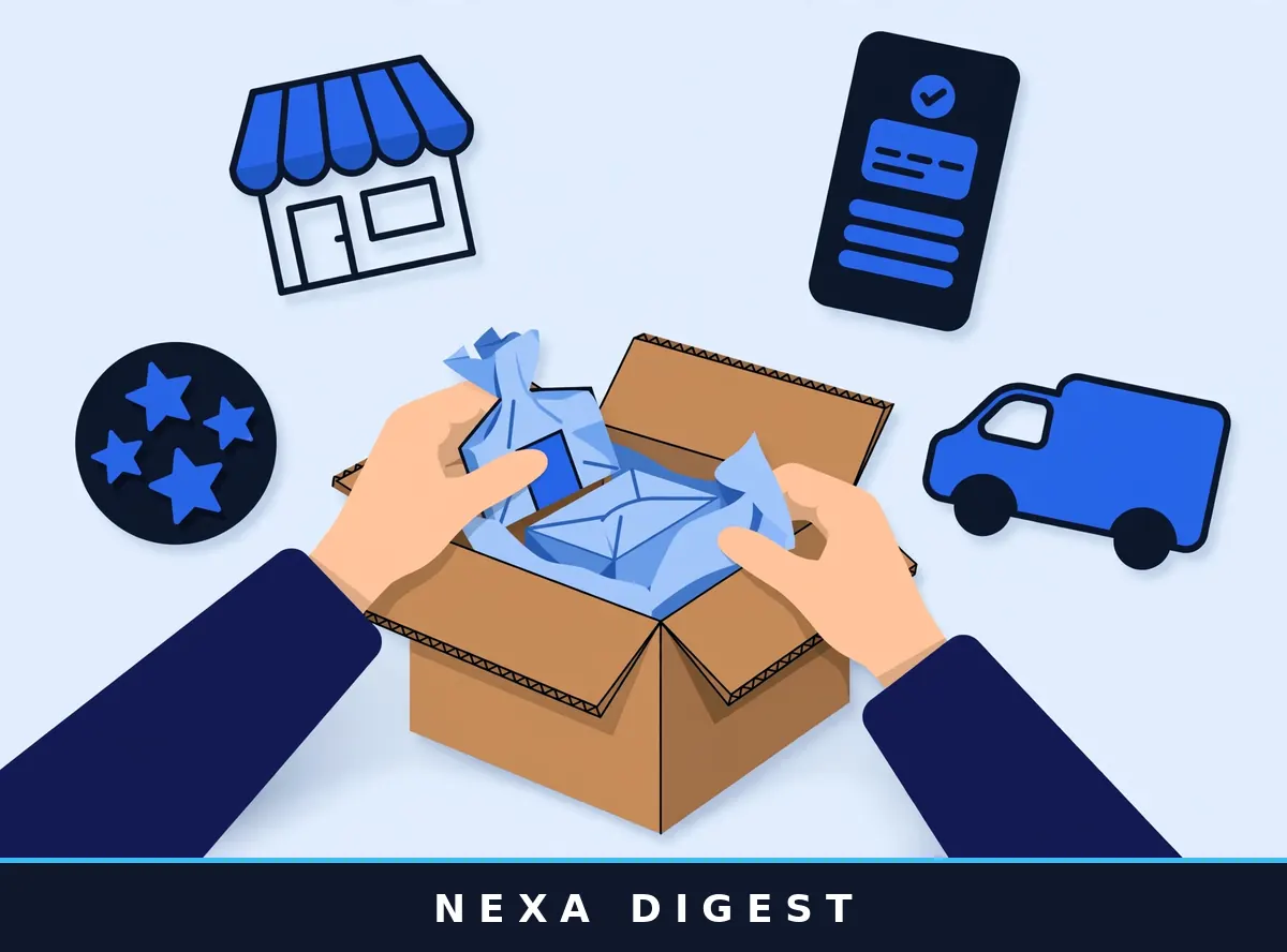 Illustration showing how to start an online store: a laptop storefront with product boxes, payment, and shipping icons