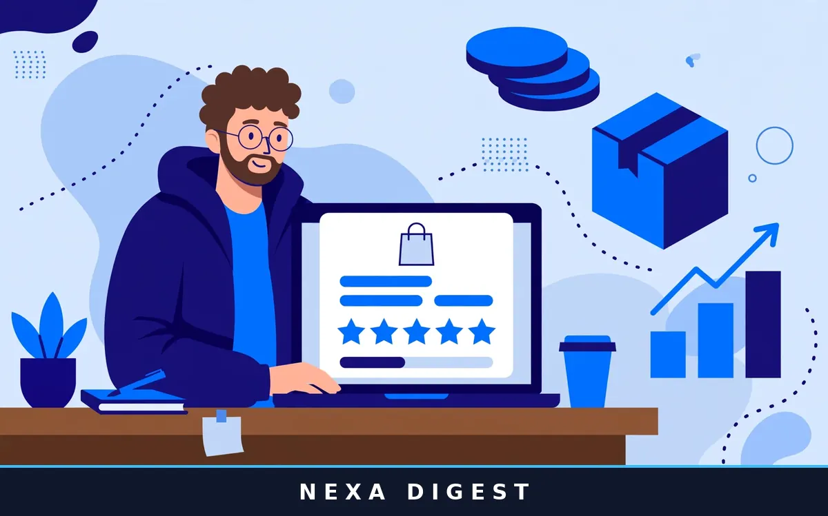Illustration showing how to start an online store: a laptop storefront with product boxes, payment, and shipping icons